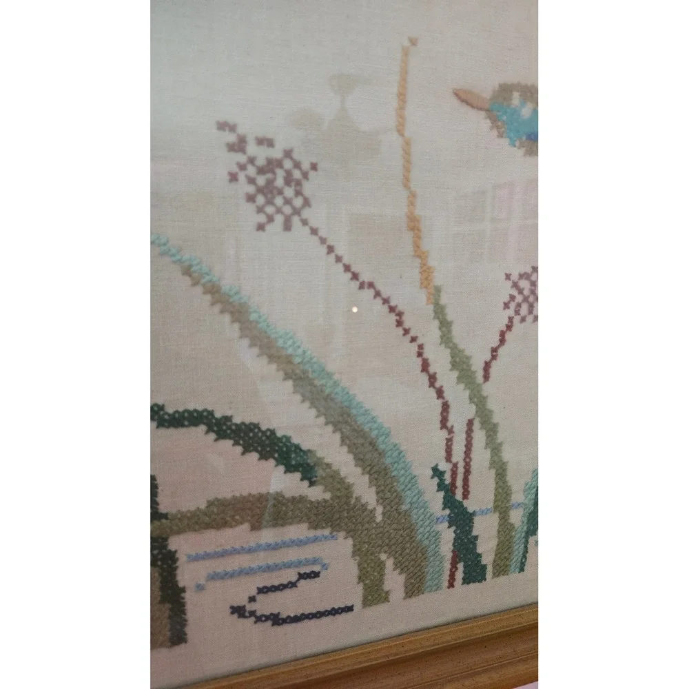 LG Vintage Framed Mallard Ducks Cross Stitch Needlepoint Wildlife Wall Art 27x38